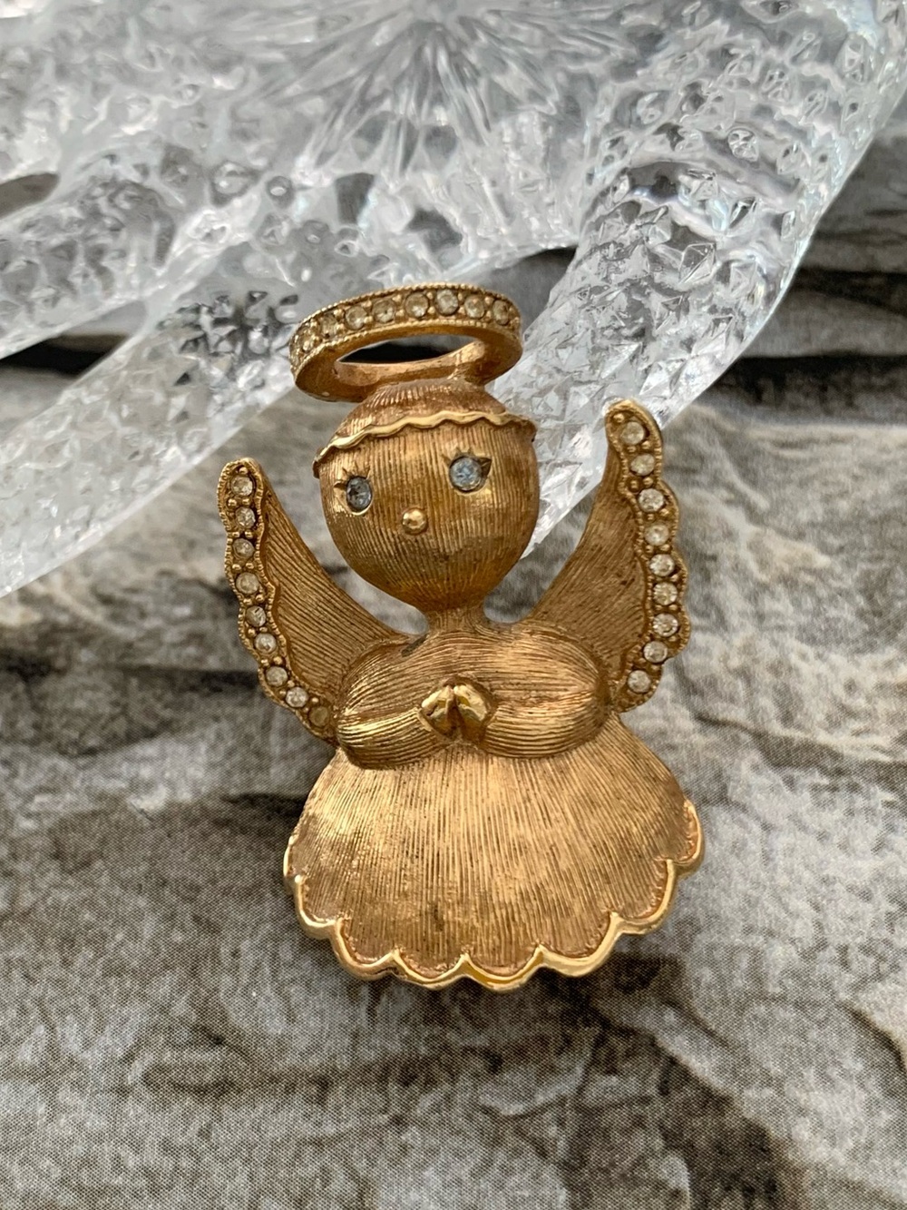 Vintage Signed Act II Angel Halo Rhinestones Gold Brooch Christmas Holiday Pin